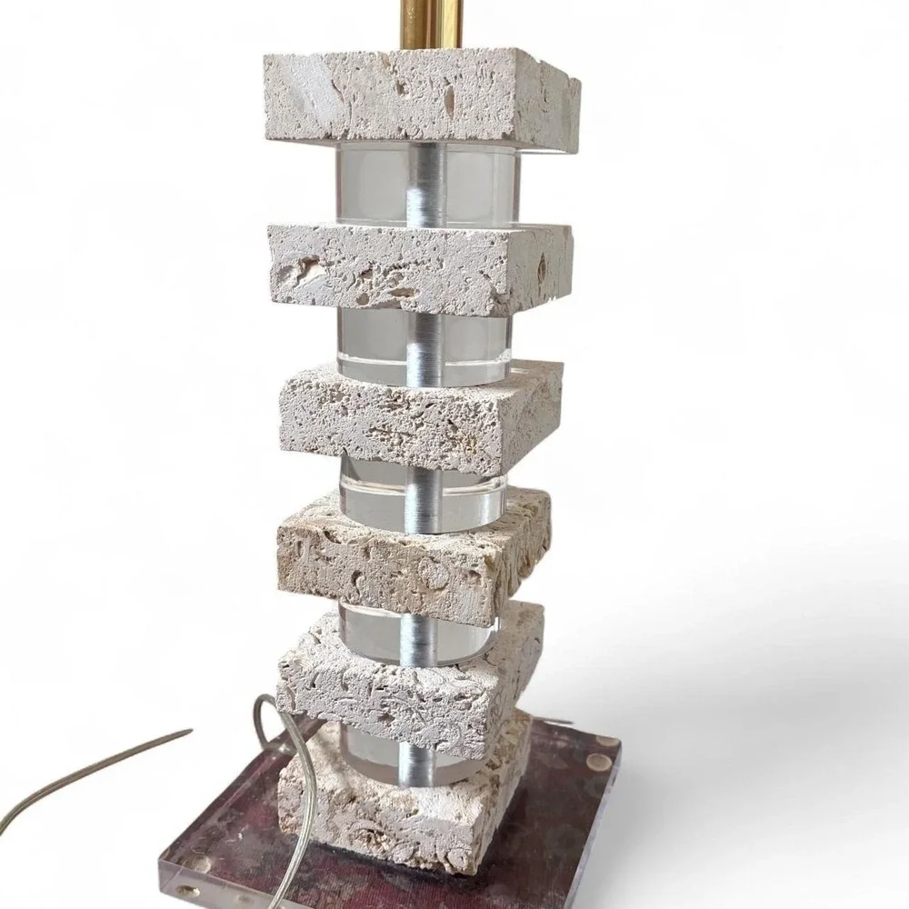 Vintage MCM Art Deco Lucite & Coral Stone Stacked Table Lamp Beautiful
